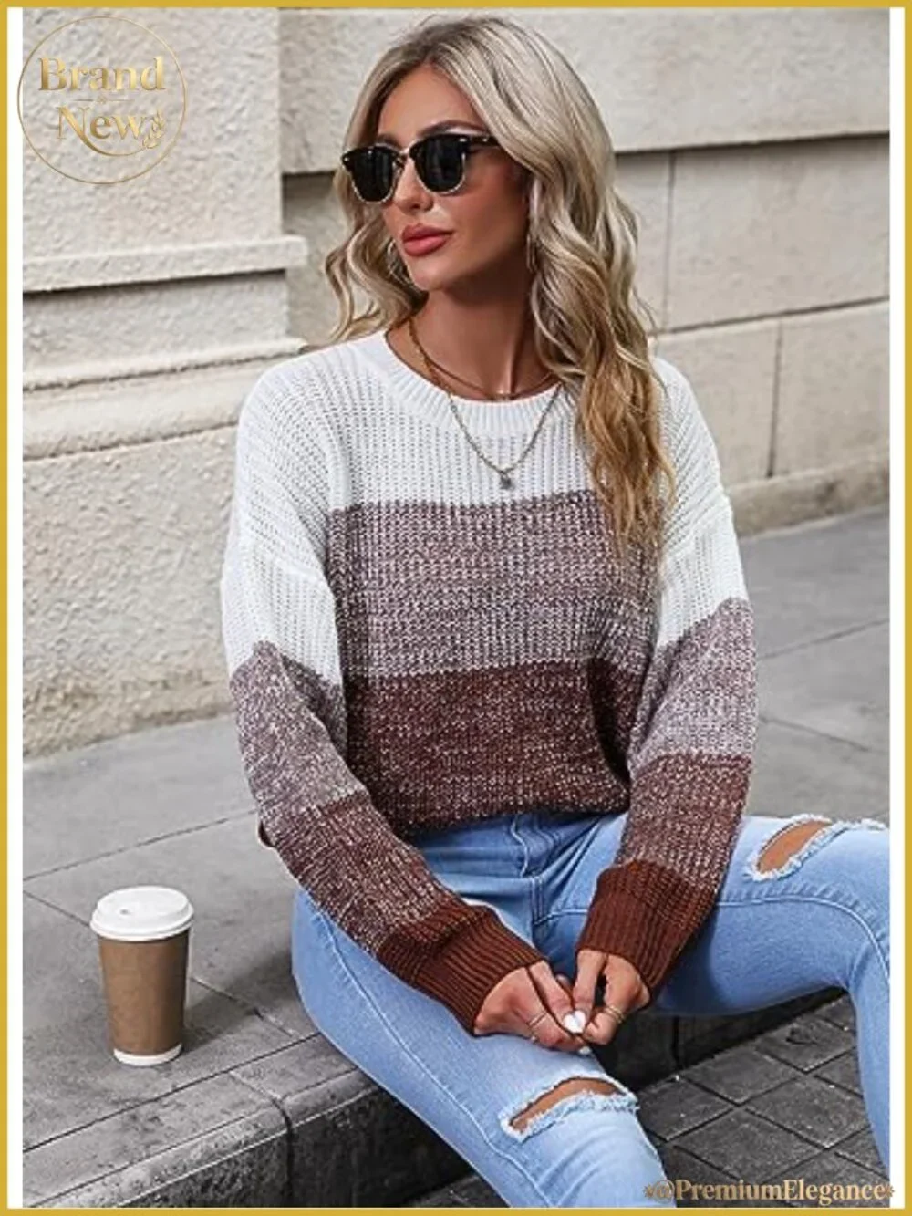 Striped Color Block Long Sleeve Crewneck Sweater for Women Lightweight Acrylic